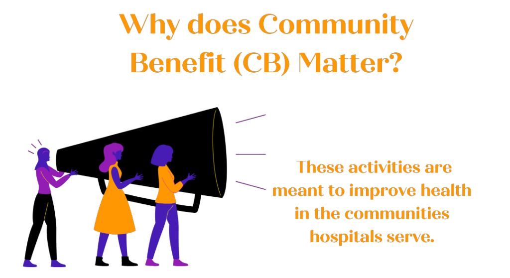 "Why does Community Benefit (CB) Matter? These activities are meant to improve health in the communities hospitals serve