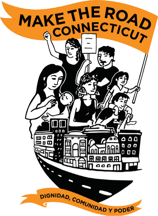 illustrative logo for "Make the Road Connecticut" showing diverse people marching, a city street, and a tagline lower banner that reads "Dignidad, Comunidad Y Poder"